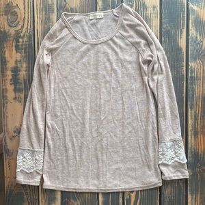 Cream Sweater with Lace Sleeve Cuff